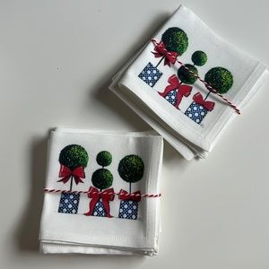 Blue, white Topiary reusable linen cocktail napkins